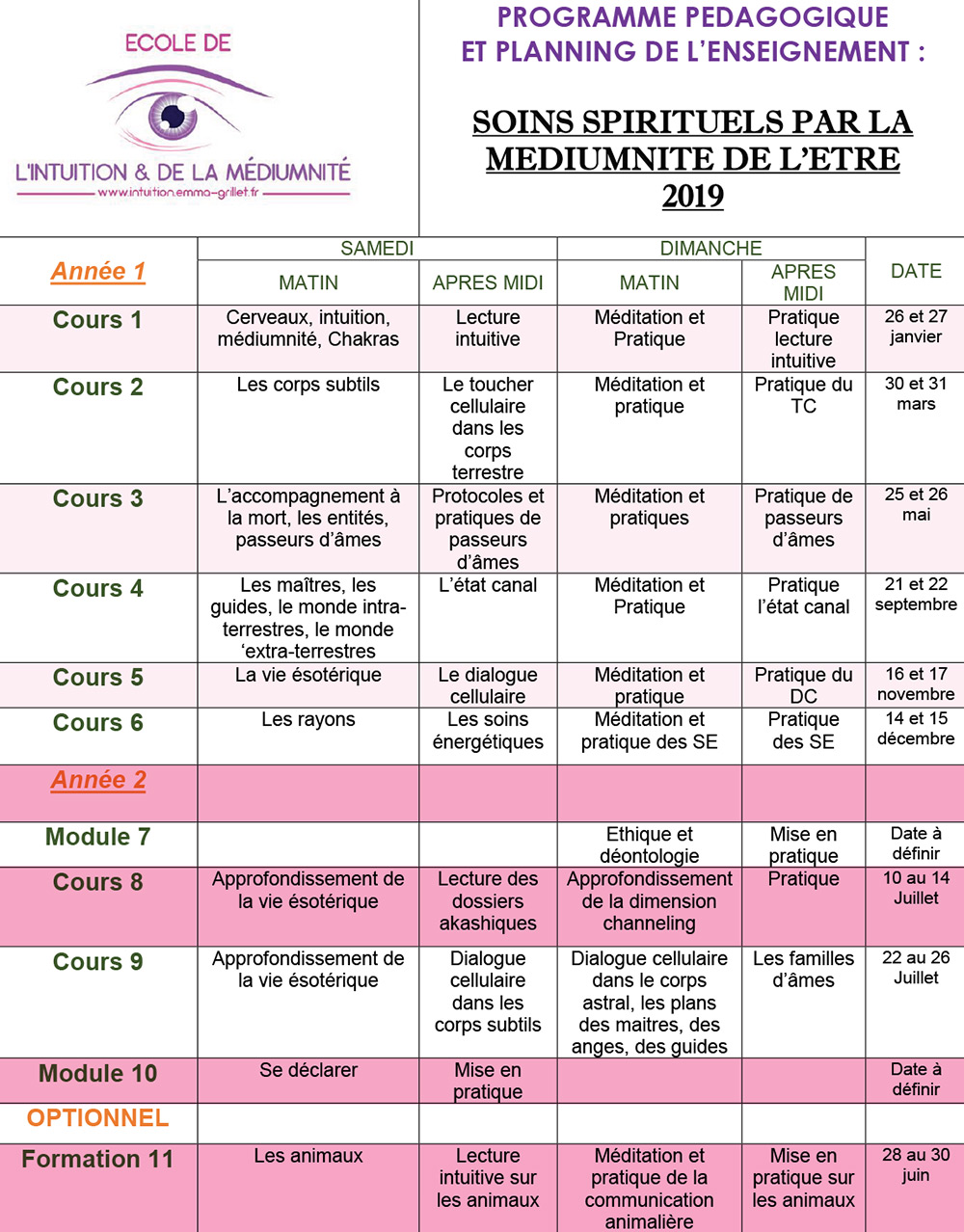 Programme pédagogique et planning des cours 2019 de l'école de l'intuition et de la médiumnité